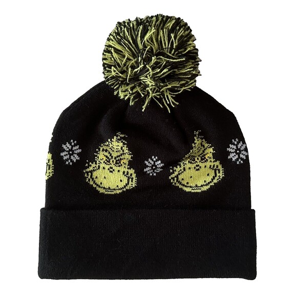 American Eagle Black Grinch Hat Beanie Cuff Pom Pom NWT - Picture 4 of 8